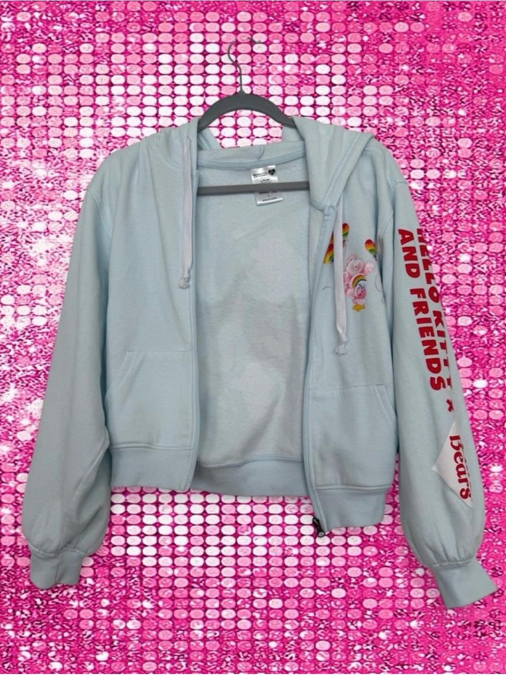 Hello Kitty x Care Bears Light Blue Zip Hoodie Size S Sanrio